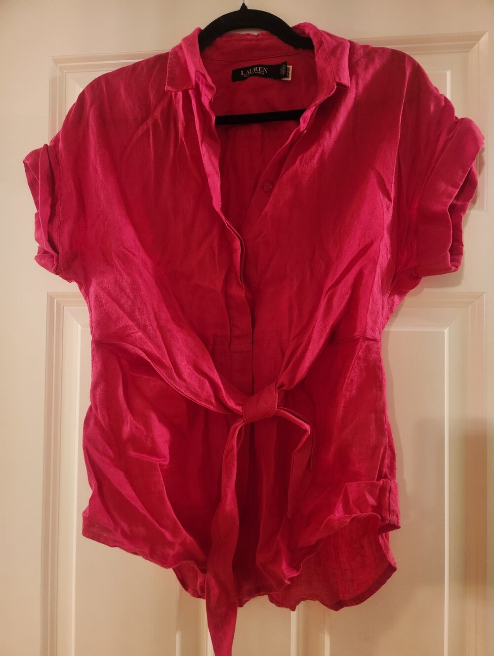 Ralph Lauren Hot Fuchsia Tie-Front Short Sleeve Button Down, Linen, Size Small